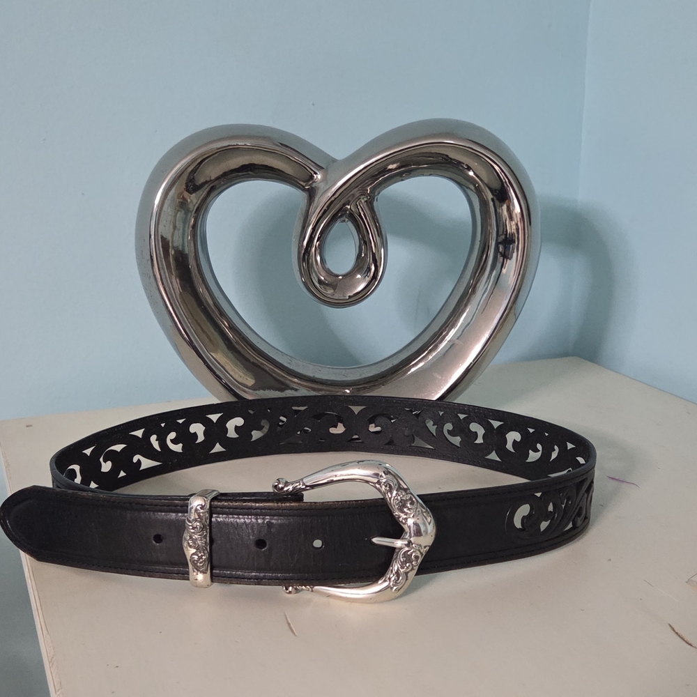 Brighton Black Leather Belt with Intricate Silver Buckle